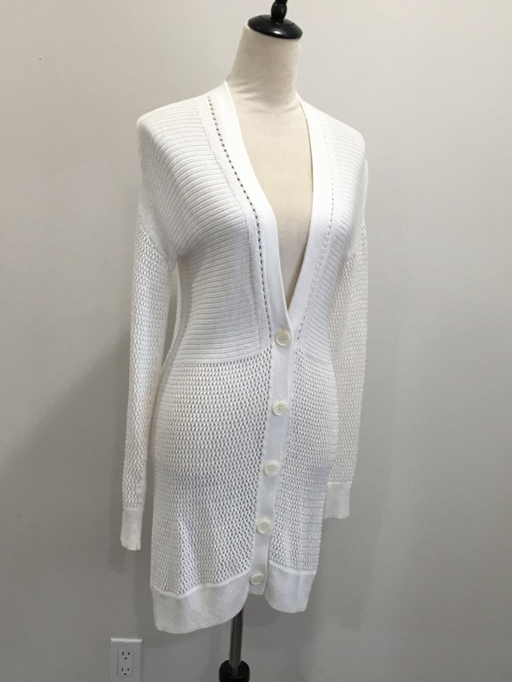 VINCE White Mixed Perforated Knit Long Sleeve Button Cardigan
